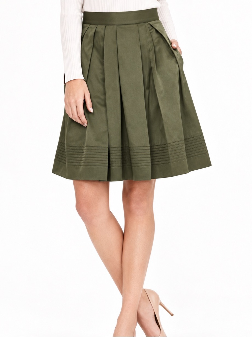 Banana Republic 35% Silk Structured Taffeta A-Line Pleated Skirt Olive Size 8